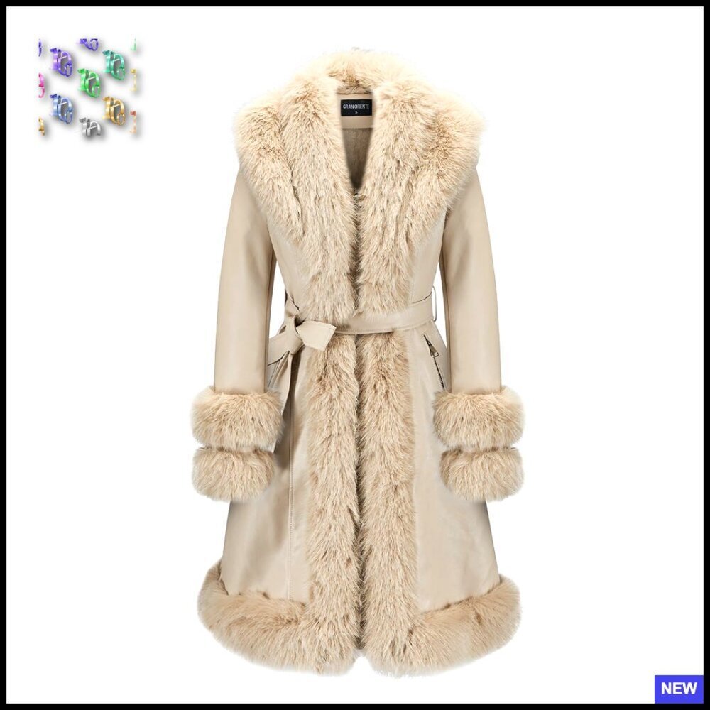 Faux Leather Peplum Parka Coat with Faux Fur Collar Belted Trench Style Winter